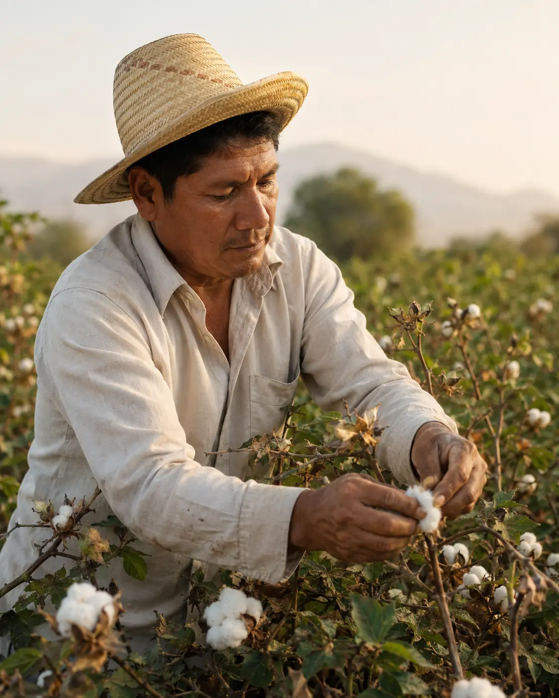 Agricultor durante la cosecha de algodón Pima
