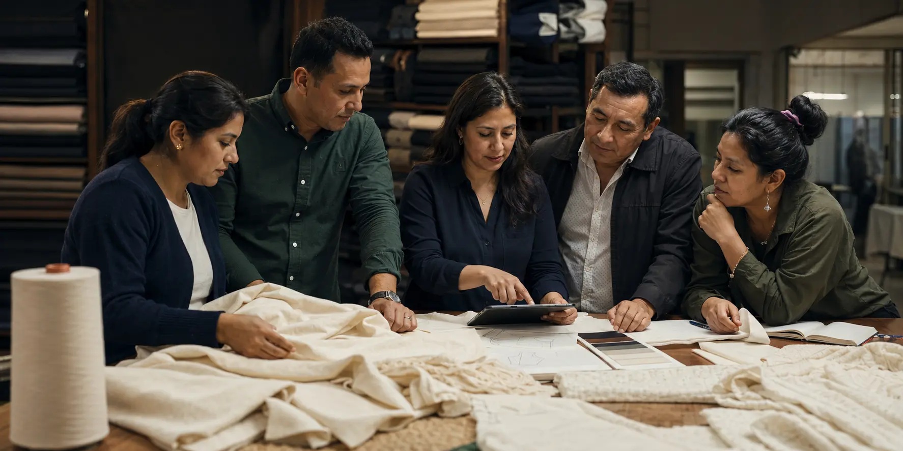 Empresarios textiles de Gamarra reunidos alrededor de productos de algodón