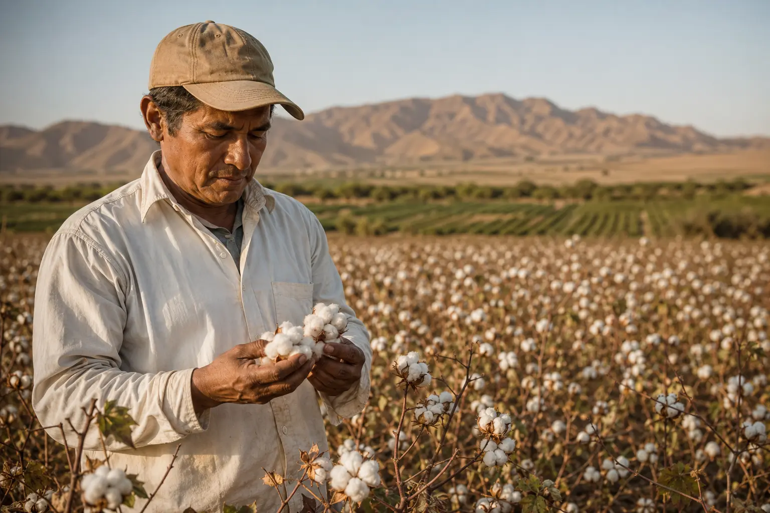 Agricultor identificando el origen del algodón Pima en el campo